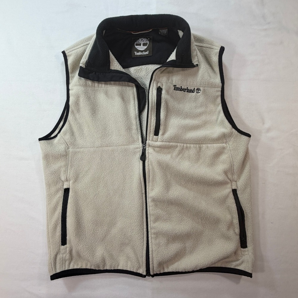 Timberland Fleece Vest Mens Medium Beige Full Zip Logo Sleeveless Jacket Pockets